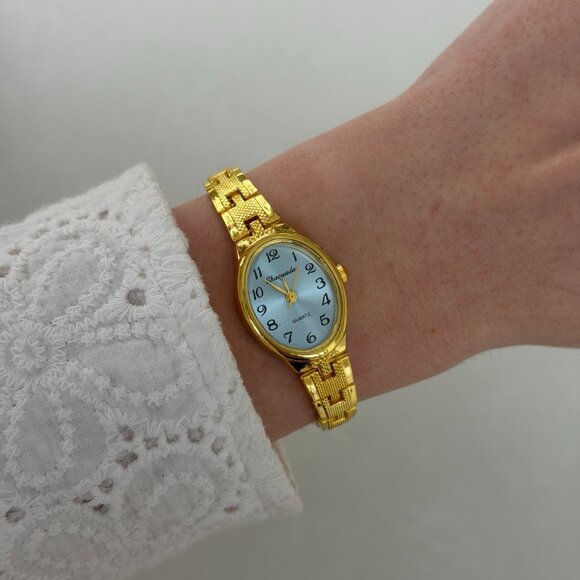 American Vintage Accessories - SKU0508 Retro Gold/Blue Women Oval Watch Vintage vibe Stainless steel + gift bag